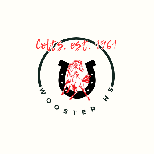 Stampeding horse in front of a horseshoe. Words around the image: Colts, est 1961 Wooster HS
